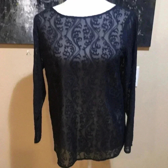 NWT Ann Taylor LOFT Navy Blue Floral Jacquard Sheer Long Sleeved Top-MP - Picture 1 of 12